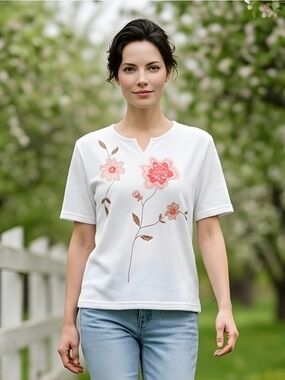 Tanjay Ivory White Short Sleeve Embroidered Sweater Women Size Large NWOT